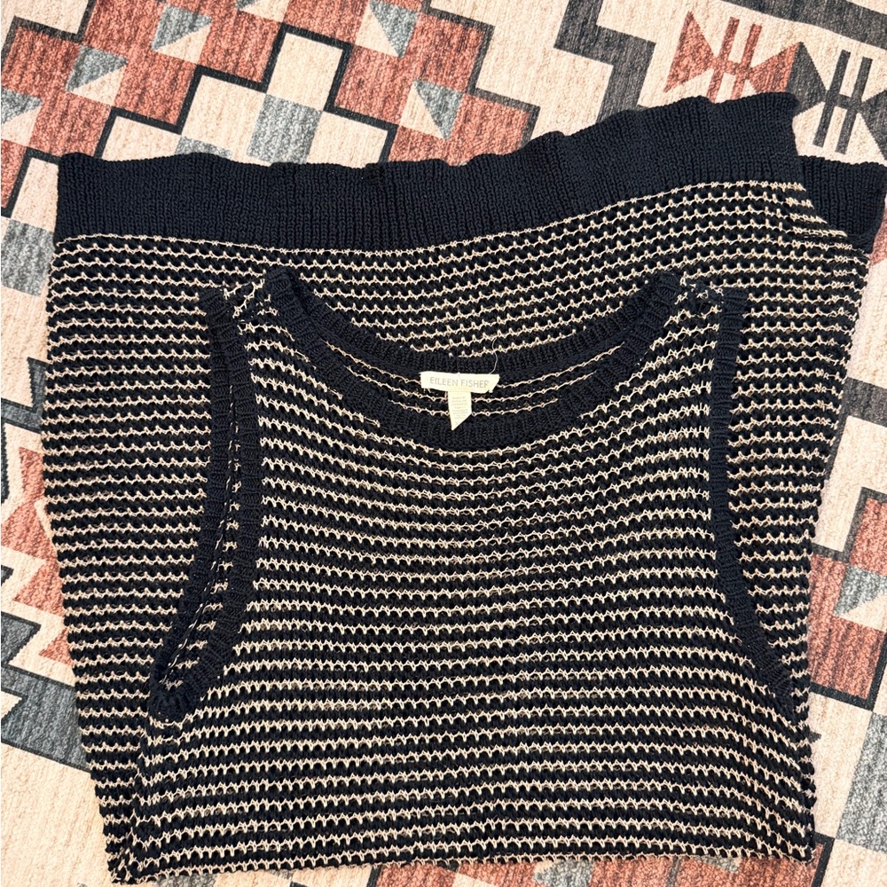 Eileen Fisher Navy and Cream Striped Crewneck Sweater
